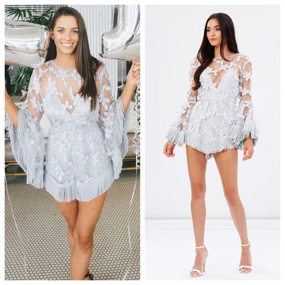 ALICE MCCALL Ziggy Star Silver Floral Lace Mesh Fringe Long Sleeve Romper US 6